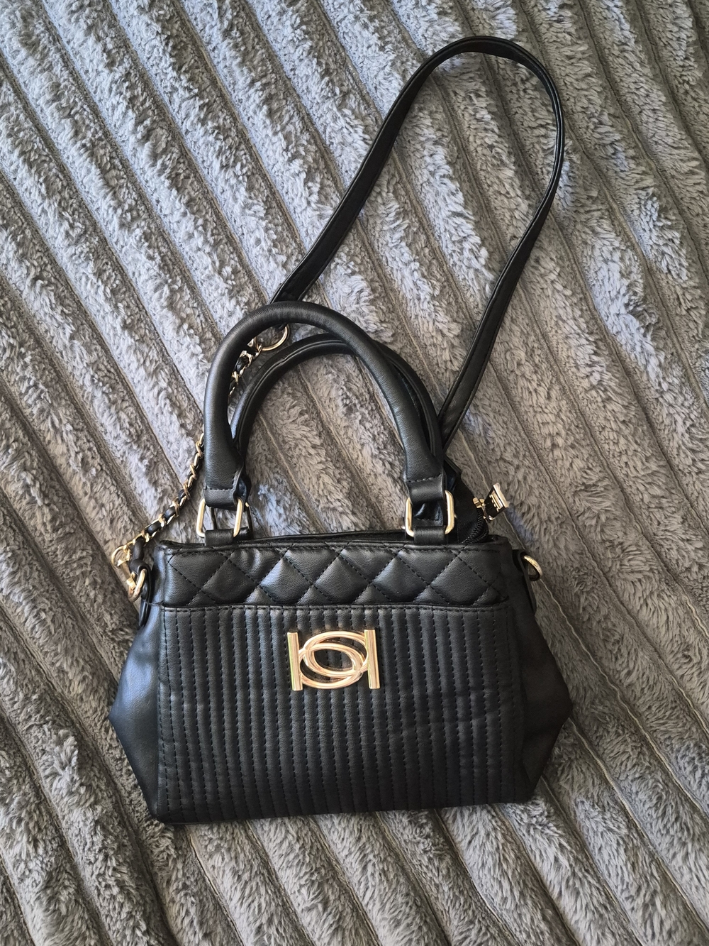 Bebe Black Quilted Satchel Handbag with Gold Accent